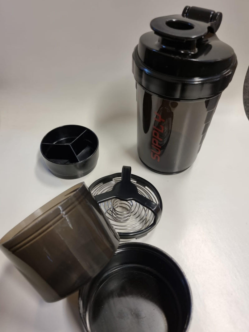 Black Protein Shaker Bottle - With Mixing Ball For Shake - Leak Proof Lid & Twist Off 3 Supplement Storage Compartments Pill Tray - Black Sports Water Bottle - Leak proof Protein Powder Shaker- 500ml - BeesActive Australia