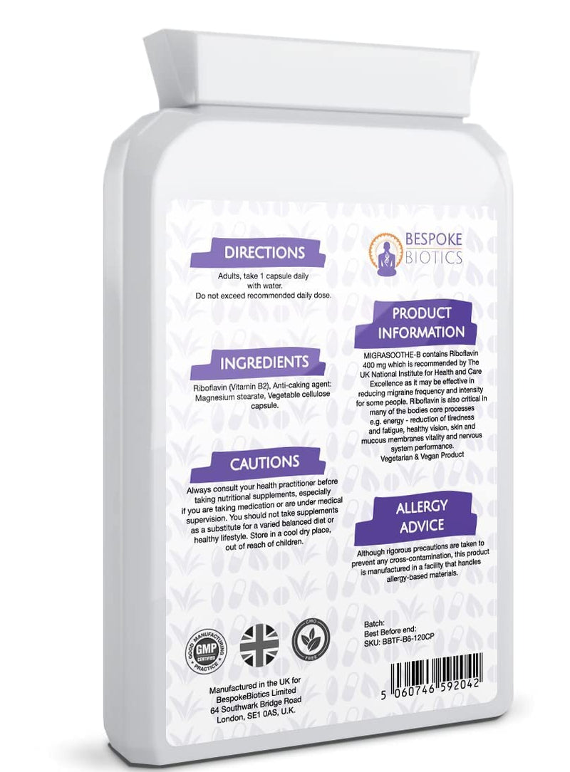 Premium Vitamin B2 Riboflavin 400mg per Capsule 120 Days Supply - Migrasoothe-B Pharma Manufacturing Standards UK Made Migraine Support, Stress, Tremors & Energy Vegan. Nice Recommended Vitamin B2 400 - BeesActive Australia