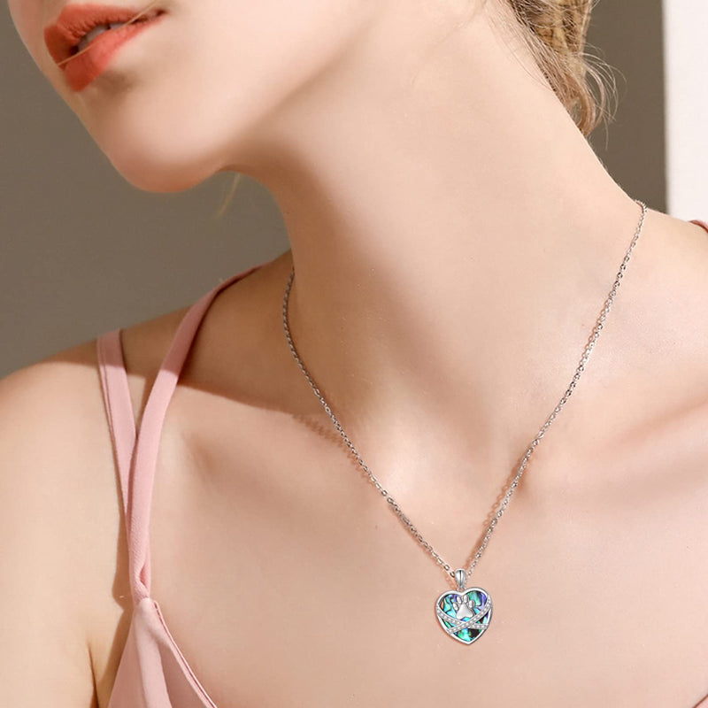 S925 Sterling Silver Puppy Dog Cat Pet Paw Print Love Heart Pendant Necklace 18 inches Pet Paw Print-Abalone Shell - BeesActive Australia