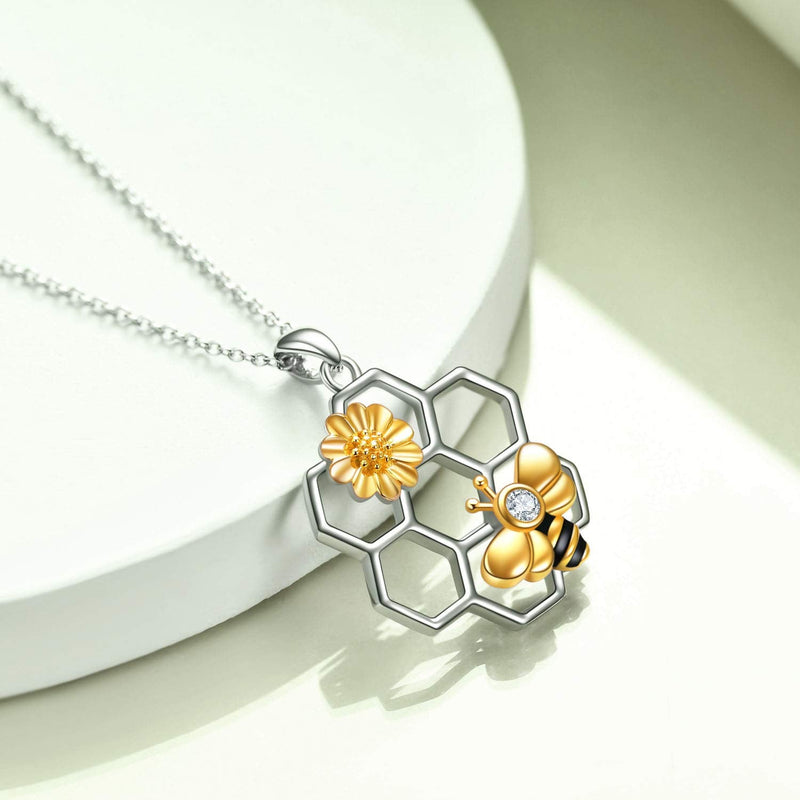 LUHE Bee Necklace 925 Sterling Silver honeycomb Cute Flower Pendant Necklaces for Women Christmas Gifts for Her - BeesActive Australia