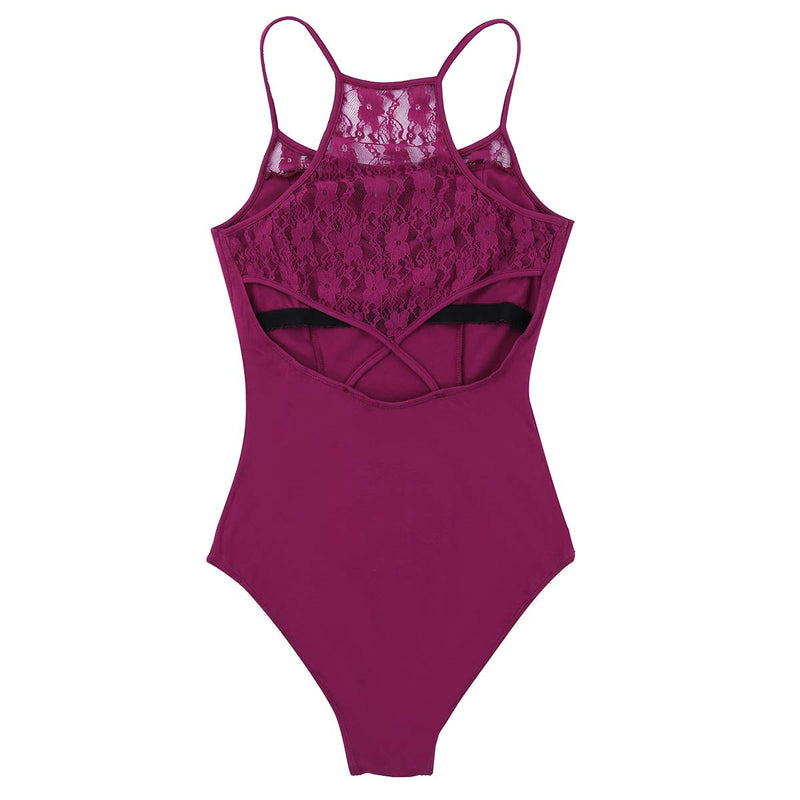 [AUSTRALIA] - MSemis Women Spaghetti Straps Ballet Dance Camisole Leotard Lace Criss Cross Back Gymnastics Bodysuit Wine Red Small 