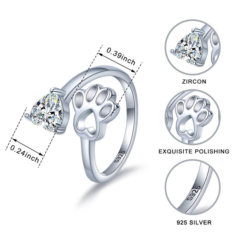 925-Sterling-Silver Paw-Print Love Heart Ring - Open Adjustable Love Dog Cat Claw Pet Loving Rings Pet Animal Jewelry for Friends, Families,dog lover and Pet Lovers gifts.(Heart CZ) - BeesActive Australia