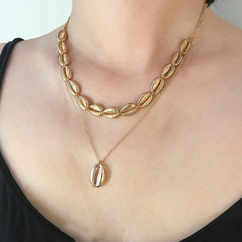 Hannah Boho Layered Shell Necklaces Gold Short Pendant Necklace Chain Jewelry for Women and Girls - BeesActive Australia