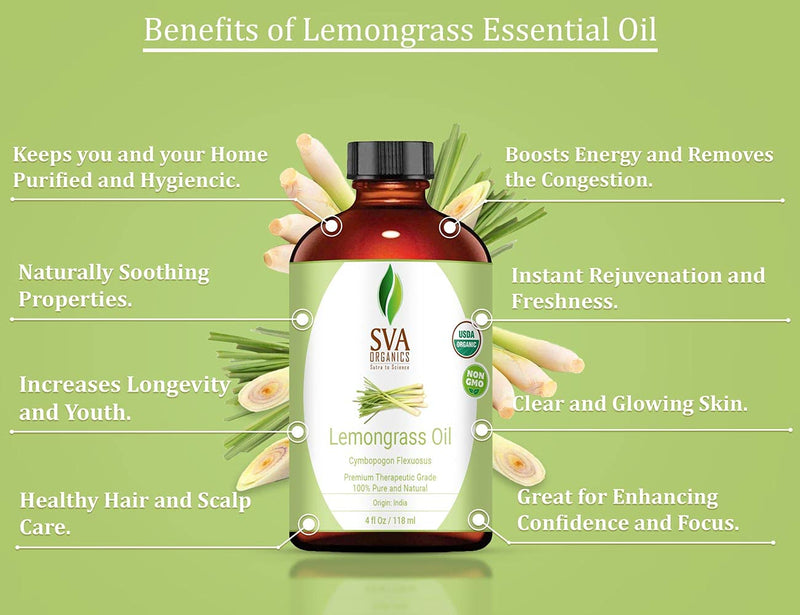 SVA Organics Lemongrass Oil Organic USDA 4 Oz 100% Pure Natural Undiluted Premium Therapeutic Grade Oil for Diffuser, Aromatherapy, Skin, Face & Hair - BeesActive Australia