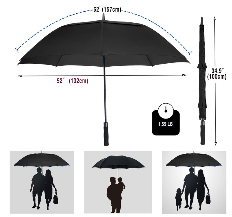 Baraida Golf Umbrella Large 54/62/68 Inch, Extra Large Oversize Double Canopy Vented Windproof Waterproof Umbrella, Automatic Open Golf Umbrella for Men and Women and Family 62 in Black - BeesActive Australia