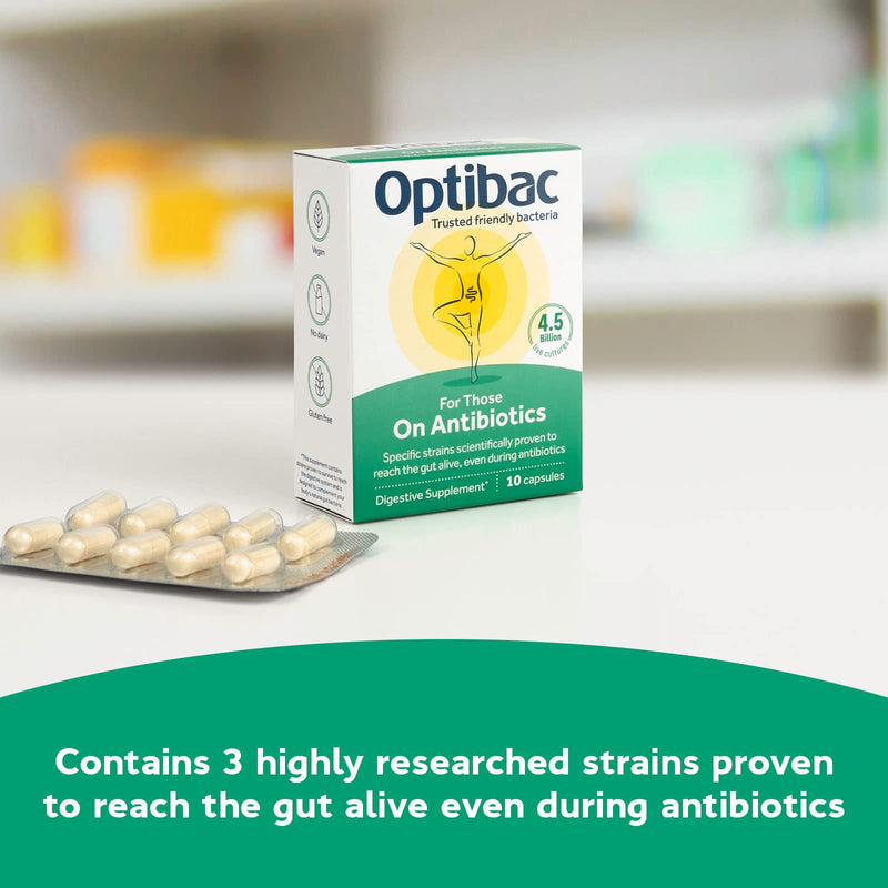 OptiBac for Those on Antibiotics | 4 Billion Friendly Bacteria Natural Supplement Course | Lactobacillus Acidophilus & Lactobacillus Rhamnosus | Researched Alongside Antibiotics | 10 Capsules, pack of 10 capsules - BeesActive Australia