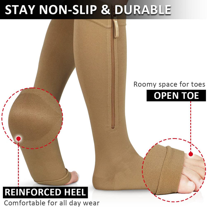 Plus Size Ailaka Medical Zipper Compression Calf Socks 20-30 mmHg for Women & Men, Knee High Open Toe Firm Support Graduated Varicose Veins Hosiery for Edema, Swelling, Pregnancy, Recovery 3X-Large Beige - BeesActive Australia