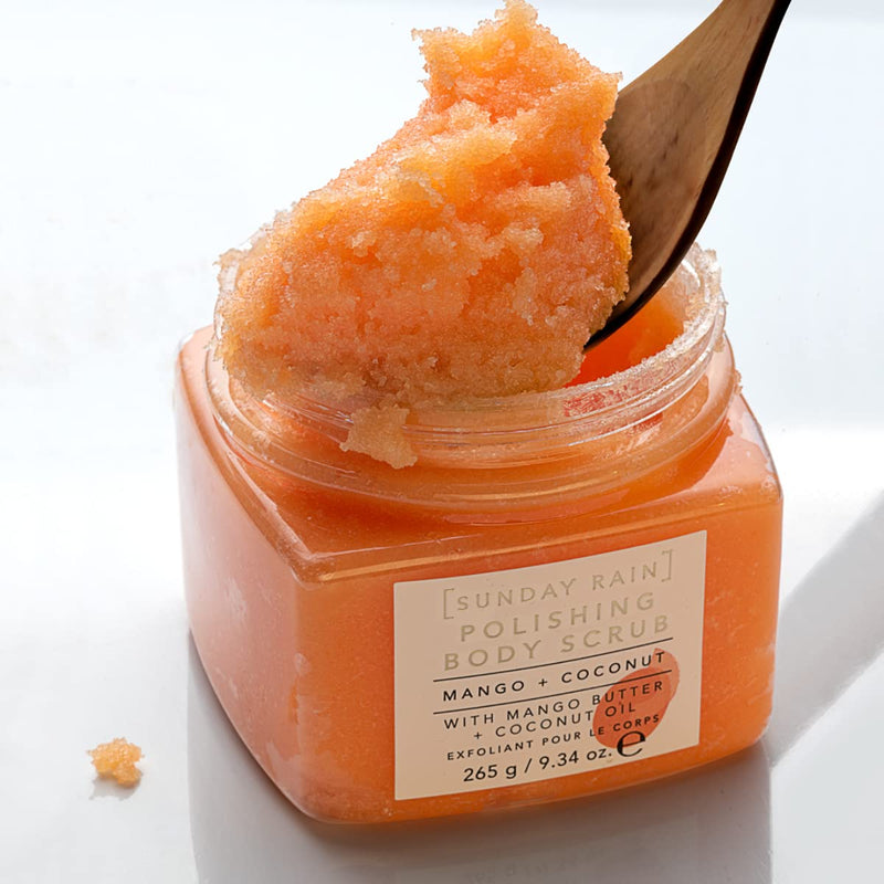 Sunday Rain Polishing Body Scrub for Extra Smooth & Soft Skin, Vegan and Cruelty-Free, Tropical Mango Butter and Coconut Oil, 265g - BeesActive Australia
