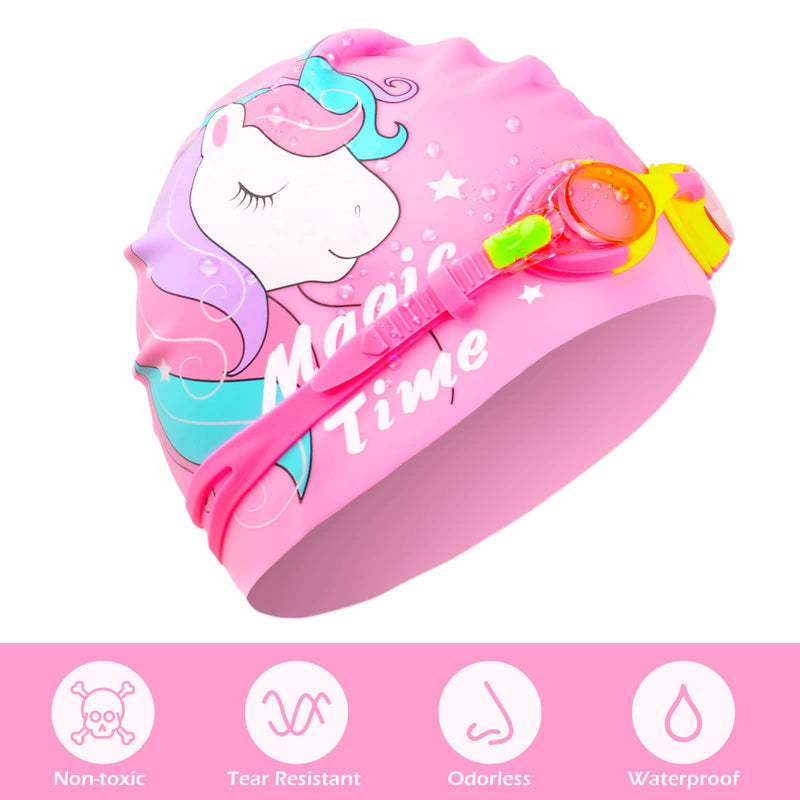 AuSletie Silicone Swim Caps for Kids Girls Aged 4-8, Unicorn Waterproof Swimming Caps Bathing Caps with Goggles Ear Plugs Nose Clip for Short/Long Hair - BeesActive Australia