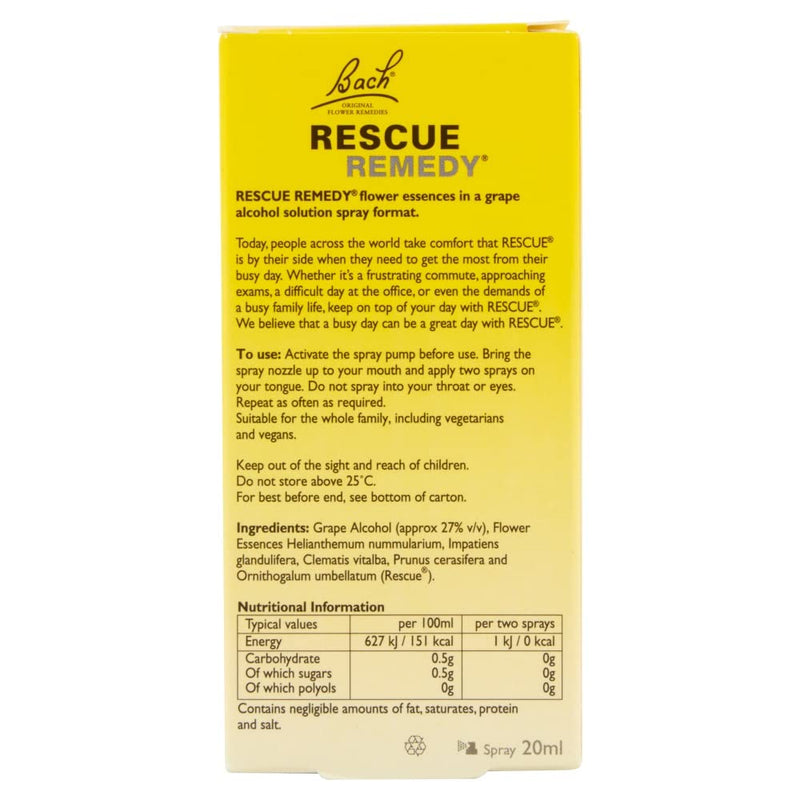 Rescue Remedy 20ml Spray, Comfort and Reassure, Natural Emotional Wellness and Balance, 5 Flower Essence Vegan Formula, Travel Size, Great For Travel, Exams, Driving Tests, Busy days, Up To 200 Uses 20 ml (Pack of 1) Original Spray (20 ml) Single - BeesActive Australia