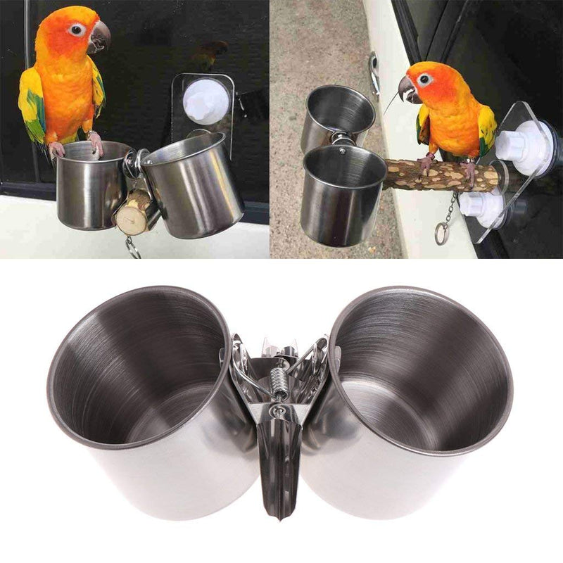 Hypeety Bird Parrot Feeding Double Cups Stainless Steel Food Water Bowls with Clip Bird Seed Feeder Cups Hanging Bowl Cage Stand Accessories - BeesActive Australia