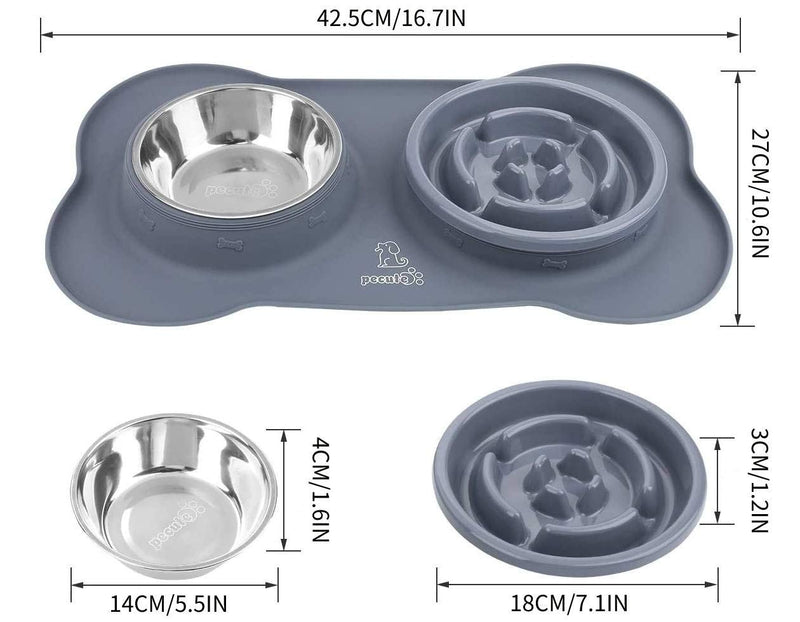 Pecute Dog Bowls Slow Feeder Bloat Stop Pet Bowl Eco-Friendly Non-Toxic No Chocking Healthy Design Bowl with No-Spill Non-Skid Silicone Mat Stainless Steel Water Bowl for Dogs Cats and Pets M-13.5oz/bowl Grey Bowl - BeesActive Australia