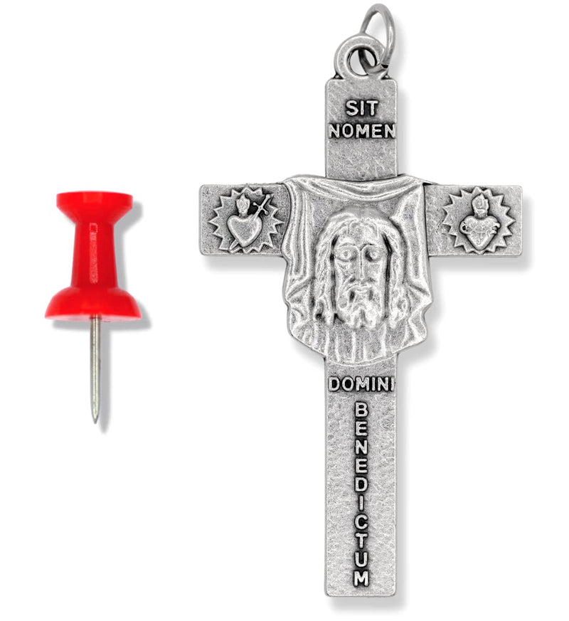 The Face Of Christ / "In the Name of God"; "Get Behind Me Satan!" Crucifix - 2 1/4" - BeesActive Australia