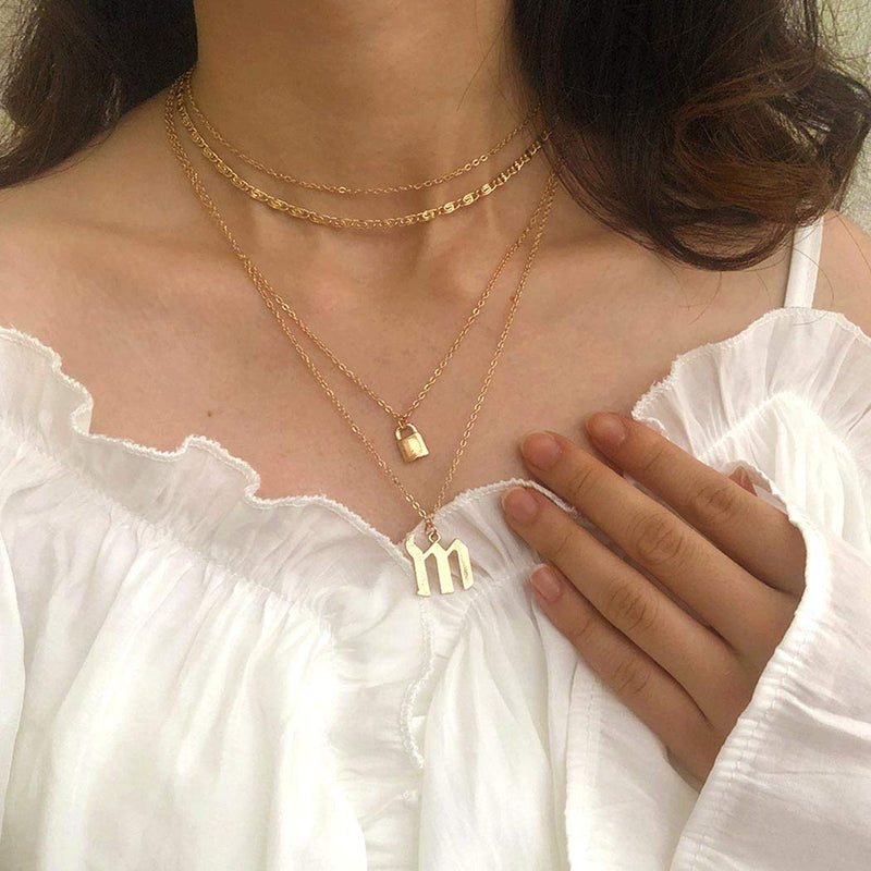 Ajacry Boho Layered Lock Necklace Gold Numble Pendant Necklaces Chains Link Choker for Women and Girls - BeesActive Australia