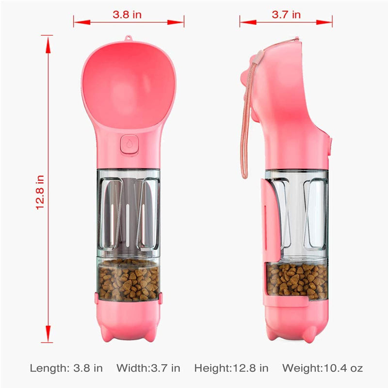 Portable 4in1 Pet Dog Water Bottle with Food Storage, Poop Bag Dispenser and Scoop Pink - BeesActive Australia