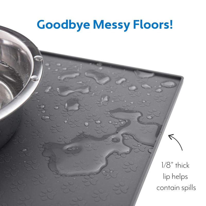 MIGHTY MONKEY Silicone Pet Feeding Mat, Waterproof Placemat for Dog and Cat Bowls, Raised Edges, Prevent Water Spills and Food Messes on Floor, Paw Print Tray Mats, Dishwasher Safe 18x12 Inch (Pack of 1) Gray - BeesActive Australia