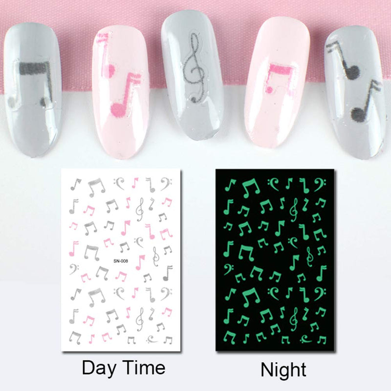 WOKOTO 6 Sheets Luminous Nail Art Stickers Tips Fluorescent Self-Adhesive Decals Smiling Face Moustache Cat Manicure Sticker Nails Kit (Glow In The Dark) - BeesActive Australia