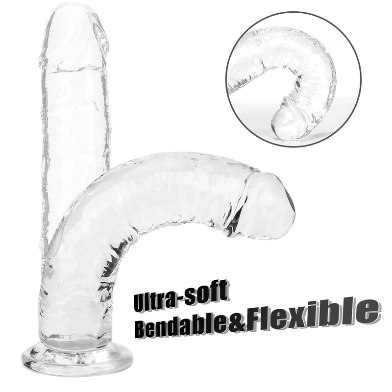 Realistic Dildo, Liquid Silicone Lifelike Huge Penis with Strong Suction Cup for Hands-Free Play, Flexible Cock with Curved Shaft and Balls for Vaginal G-spot and Anal Play (Transparent, 6.3 inches) transparent - BeesActive Australia