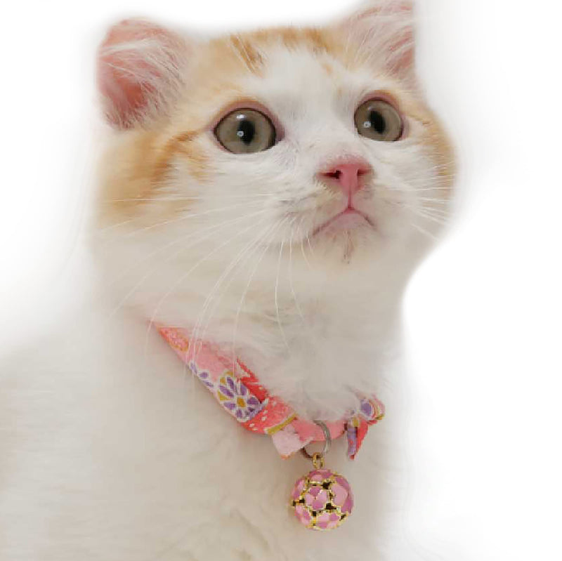 Necoichi Chirimen Cat Collar with Clover Bell, Handcrafted in Japan, 1 Size fits All Pastel Pink - BeesActive Australia
