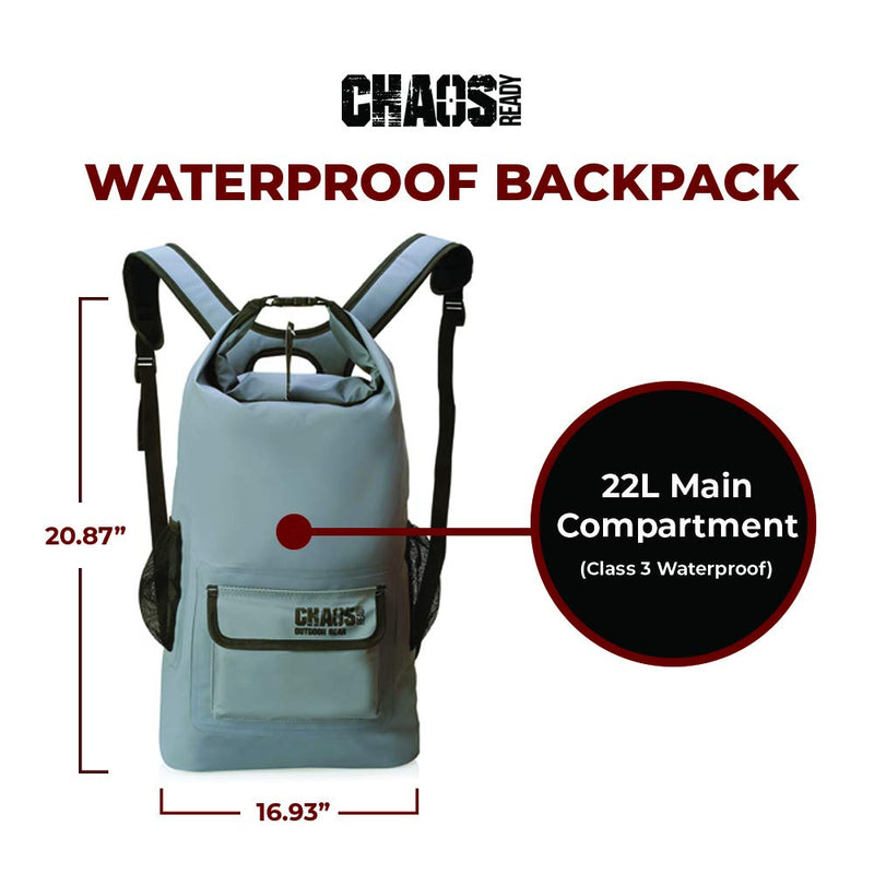 [AUSTRALIA] - Chaos Ready Waterproof Backpack – Dry Bag – Quality Heavy Duty - Padded Shoulder Straps - Mesh Side Pockets - Easy Access Front Pocket. Gray 