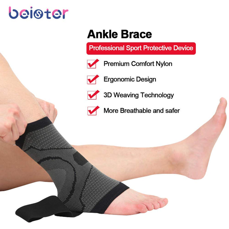 Beister 1 Pair Ankle Brace Compression Support Sleeve for Women and Men, Elastic Sprain Plantar Fasciitis Foot Socks for Injury Recovery, Joint Pain, Achilles Tendon, Heel Spurs XL (Pack of 2) Gray & Black - BeesActive Australia
