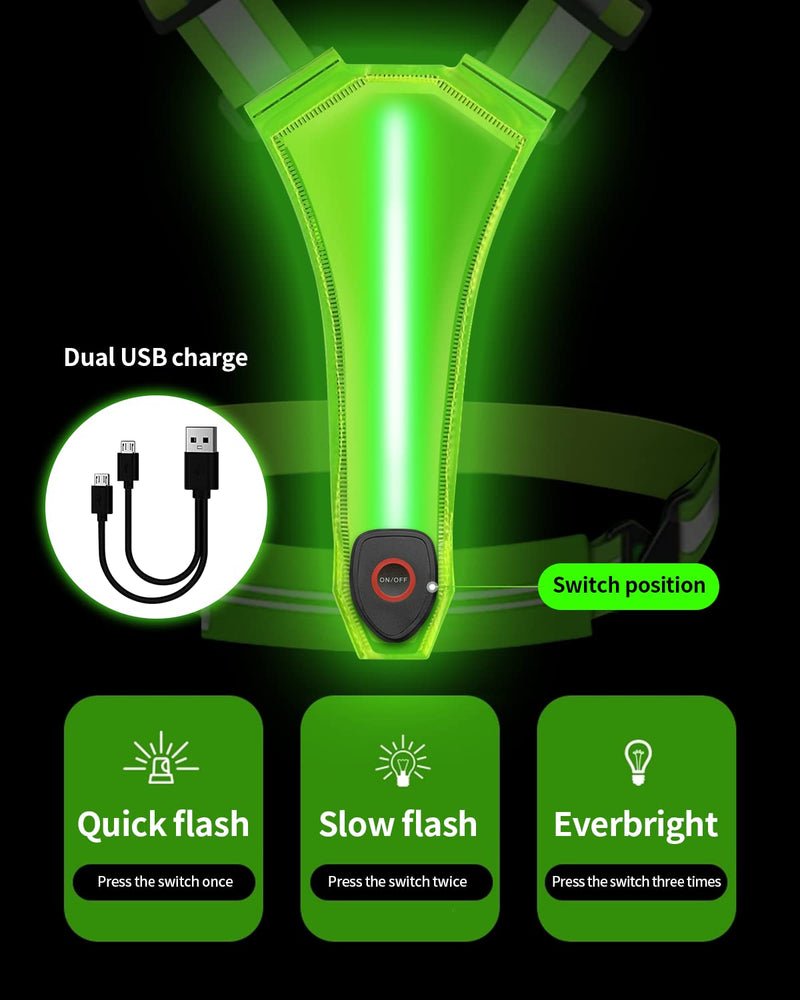 AKUSCON LED Reflective Running Vest Gear，USB Rechargeable Light Up Reflective Vest for Walking at Night, Adjustable Reflective Safety Vest for Men Women Include Mobile Waist Bag Reflective Bands Green A - BeesActive Australia