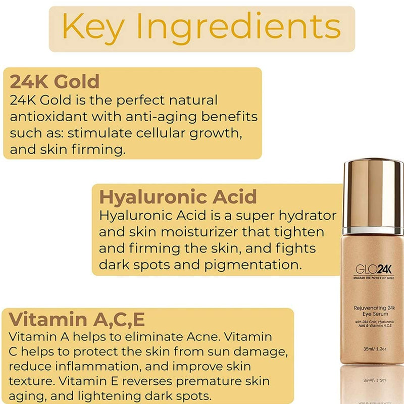 GLO24K Eye Serum with 24k Gold, Hyaluronic Acid, and Vitamins A,C,E. Potent Formula for the delicate skin around the eyes. - BeesActive Australia