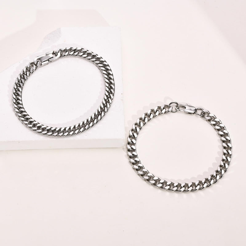 VNOX 2 Pcs Chain Bracelet for Men Women - Sturdy Stainless Steel Curb Width Cuban Link Chain Bracelet Set for Men Women,6.5/7/7.4/8.2/9 Inches 7.48 Inches 2Pcs-Silver Cuban Link - BeesActive Australia