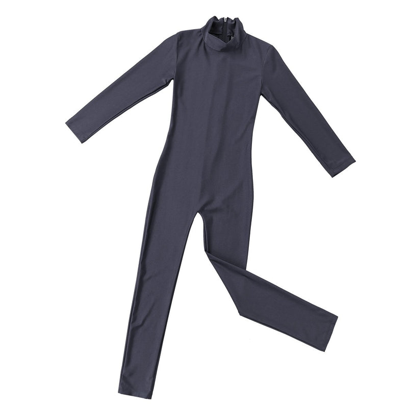 [AUSTRALIA] - dPois Kids Girls' Long Sleeves Full Length Gymnastics Workout Jumpsuit Leotard Catsuit with Back Zipper Dark Gray 5-6 