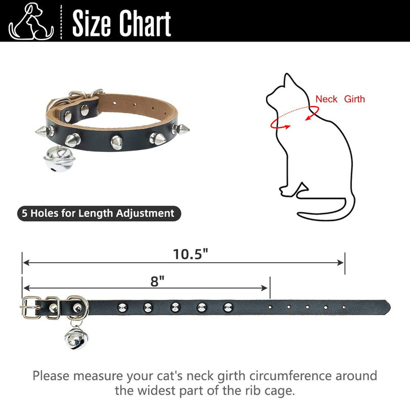 BINGPET Genuine Leather Cat Collar with Bells - Studded Cat Collar with Spikes Soft and Strong Real Leather Made, Adjustable for Small Dogs Puppy Cats - BeesActive Australia