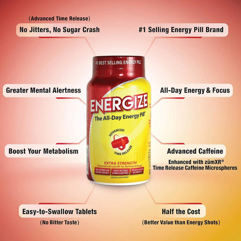 iSatori Energize Extra Strength Caffeine Pills - Fast Acting Long-Lasting Energy Pill - Extended-Release Caffeine - Improved Alertness and Clarity - All Day Energy, No Jitters, No Crash (60 Tablets) - BeesActive Australia