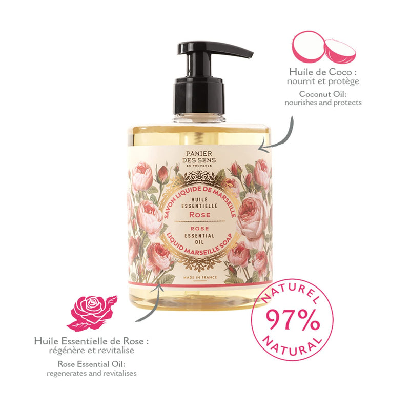 Panier des Sens - Marseille Liquid Hand Soap – Rose Hand Wash - Moisturizing Soap with Coconut Oil - Bathroom & Kitchen Refillable Soap - 97% Natural Ingredients Made in France - 16.9 Fl.oz - BeesActive Australia