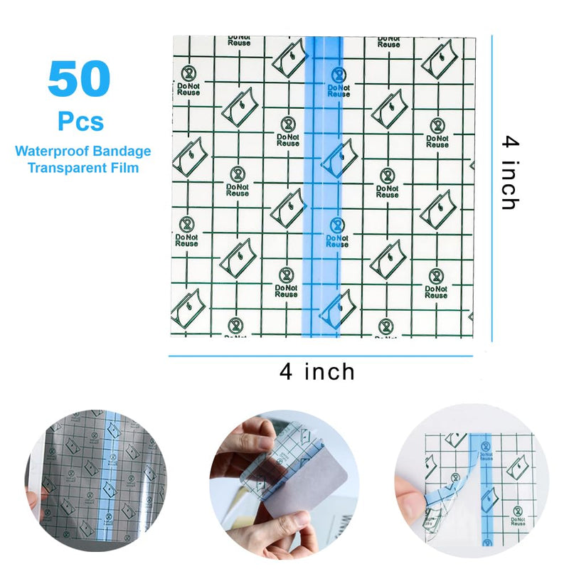 OBTANIM 50 Sheet Transparent Waterproof Stretch Adhesive Bandage Clear Film Dressing Bandages Tape Cover for Tattoo Shower Swimming Protector (4 x 4 Inch) 4 x 4 Inch, 50 PCS - BeesActive Australia