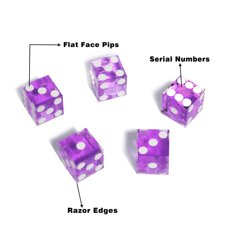 Set of 5 Poker Craps 19mm Serialized Casino Dice - Purple 19mm Purple Casino Dice Set - BeesActive Australia
