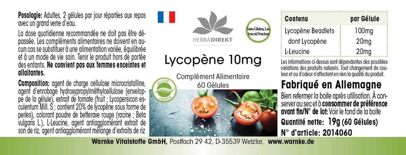 Lycopin with Tomato Extract 10�mg, 60�Capsules Vegi 19�g Pack of 1 | HERBADIREKT by Warnke Vitalstoffe - BeesActive Australia