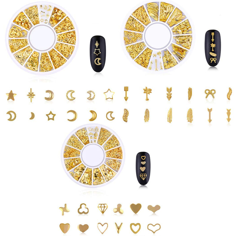 SIPLIV Metal Nail Art Rivet Stripe Heart Hollow Out Star Moon Floral Plants Rivet Nail Art DIY Decoration (6 Boxes) with A Nail Art Star Moon Stickers (4 Pcs) - Gold Gold - 6pcs - BeesActive Australia