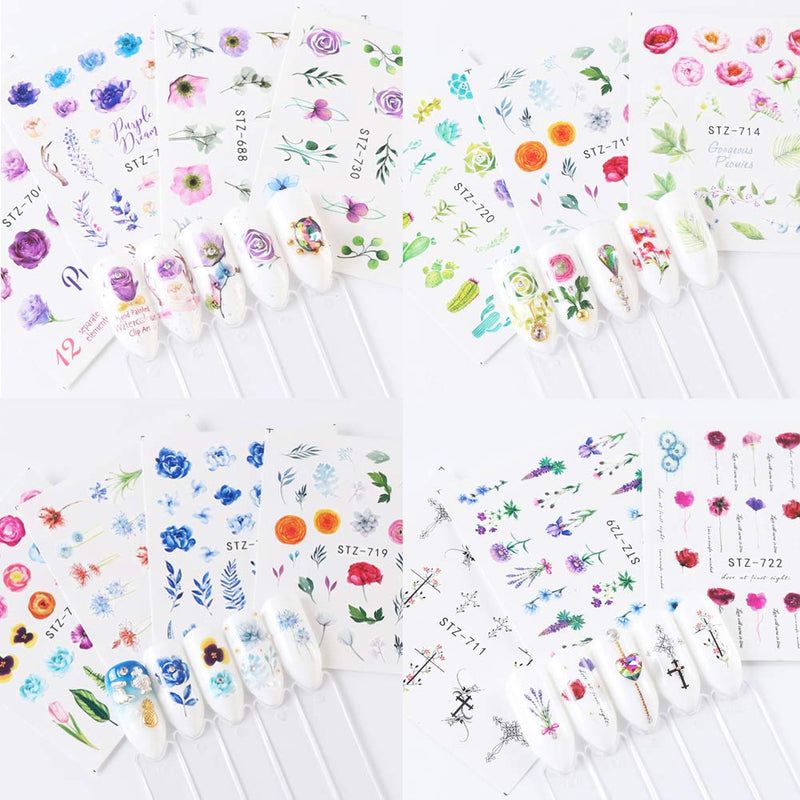 Comdoit Nail Stickers Decal Nail Art Accessories 24 Sheets Water Transfer Nail Decals for Women Leaf Cactus Flower Design for Acrylic Nails Decorations Manicure Tips Charms Sticker Nail Art Supplies - BeesActive Australia