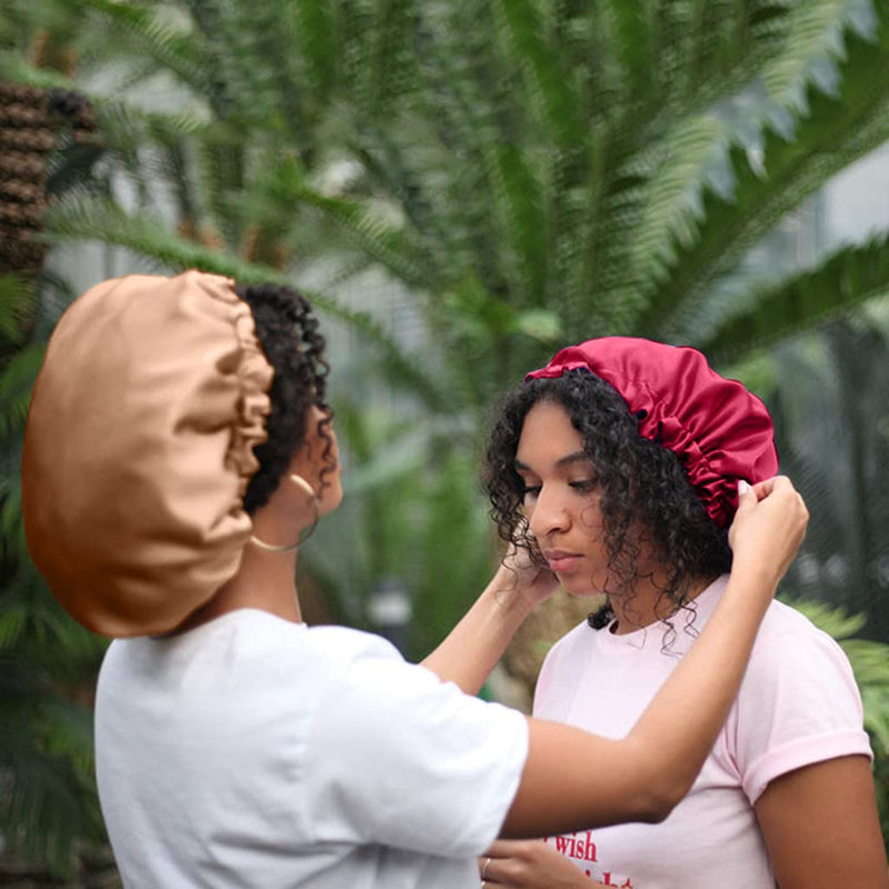 Women Double Layer Satin Bonnet Sleep Cap for Long Curly Hair 2 Color Reversible Adjustable Silky Satin Cap Extra Large (2PC-black+red) 2PC-black+red - BeesActive Australia