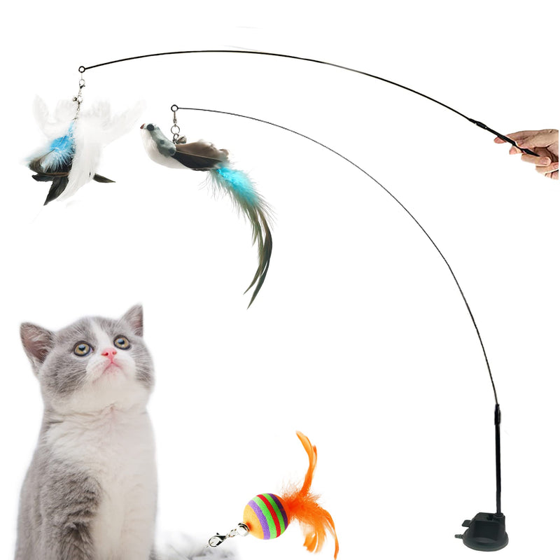 Cat Feather Toys Interactive Cat Toy with Super Suction Cup Detachable 6 PCS Feather Replacements with Bell 2 Wand Cat Spring Feather Toys for Indoor Cats Kitten Play Chase Exercise Blue - BeesActive Australia
