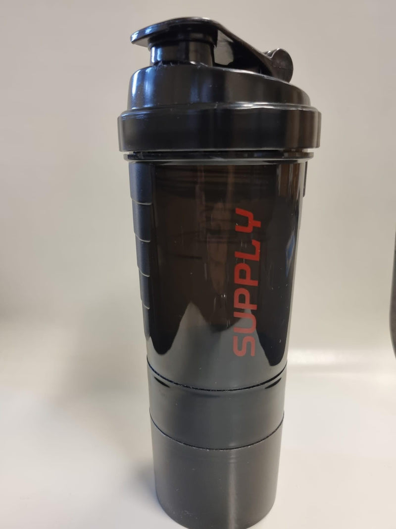 Black Protein Shaker Bottle - With Mixing Ball For Shake - Leak Proof Lid & Twist Off 3 Supplement Storage Compartments Pill Tray - Black Sports Water Bottle - Leak proof Protein Powder Shaker- 500ml - BeesActive Australia