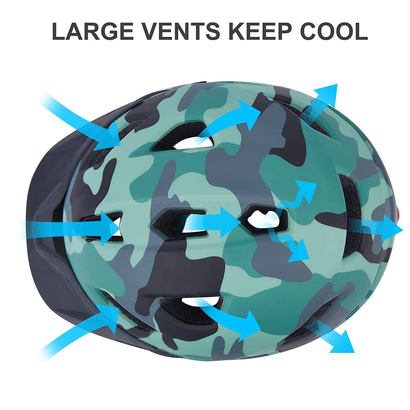 Kids Youth Bike Helmet, Adjustable Boys Girls Helmets from Children to Teen, CPSC Certified and Multi-Sport Bicycle Scooter Helmet, 50-57 cm Camouflage green 50cm-57cm/19.7''-22.4'' - BeesActive Australia