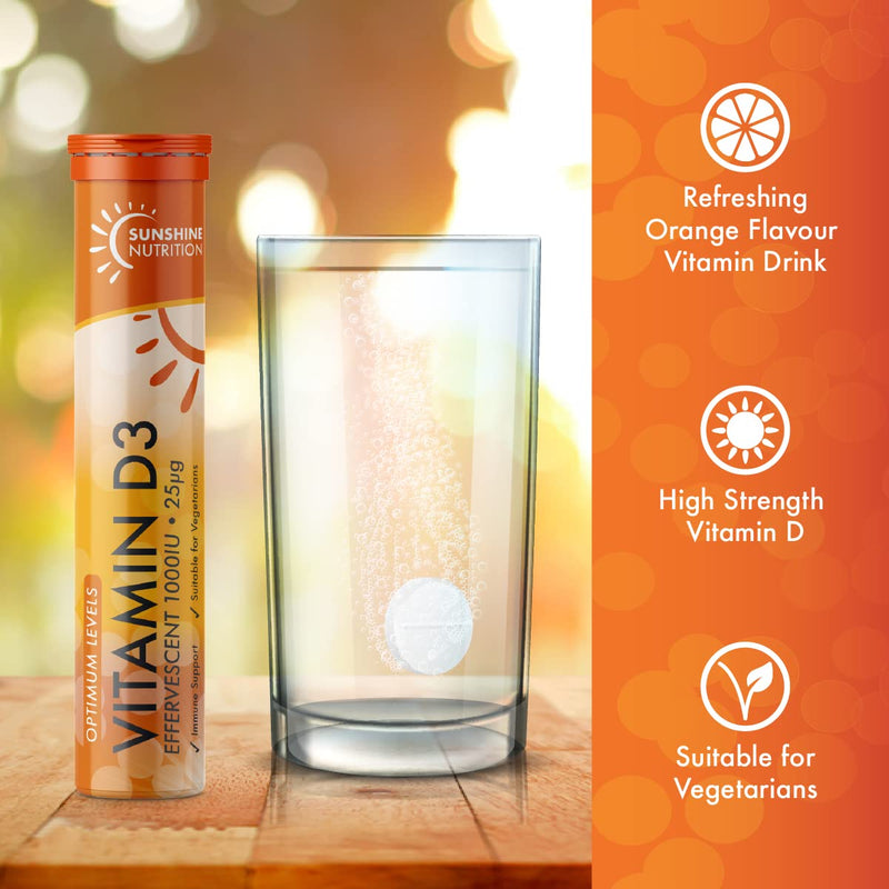 Sunshine Nutrition Vitamin D Effervescent Tablets - Dissolvable High Strength Vitamin D3-20 Vitamins Per Tube (4 Pack) 20 Count (Pack of 4) - BeesActive Australia