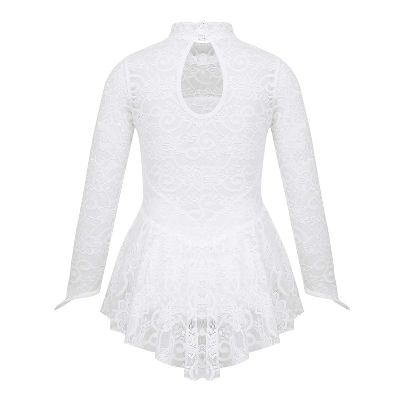 [AUSTRALIA] - JEATHA Kids Girls Lace Floral Long Sleeves Mock Neck Unitard Figure Ice Skating Ballet Leotard Dress Gymnastic Jumpsuit White 9 / 10 