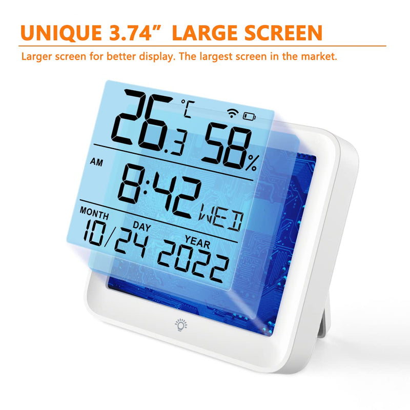 Indoor Thermometer Hygrometer, 3.74" Large Screen Temperature Humidity Monitor Powered by 2 AAA Battery, WiFi Backlight Room Temp Humidity Sensor, Time Date Showed Temp Humidity Gauge with APP Control 3.74'' Screen - BeesActive Australia