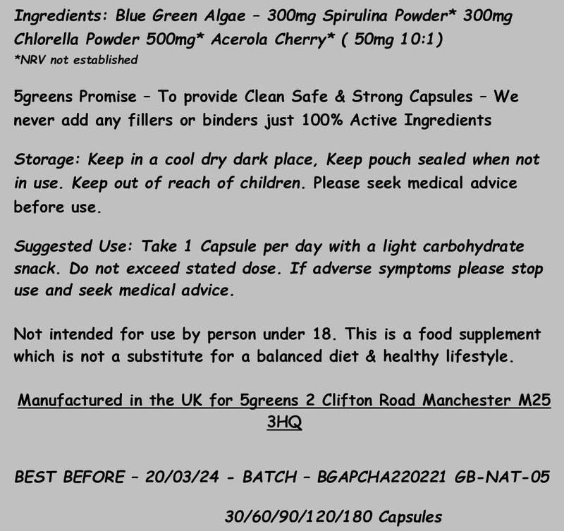 5greens Blue Green Algae 600mg with Added VTAMIN C - 120 Capsules 100% Natural No Chemicals 100% Vegan Natural Protein - BeesActive Australia
