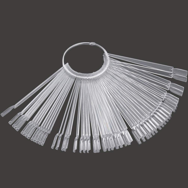 JASSINS 50 Pcs Clear Fan-shaped False Nail Swatch Sticks Nail Polish Practice Display Art Tips Nail Sample Sticks With Metal Split Ring A#-Transparent 50 - BeesActive Australia