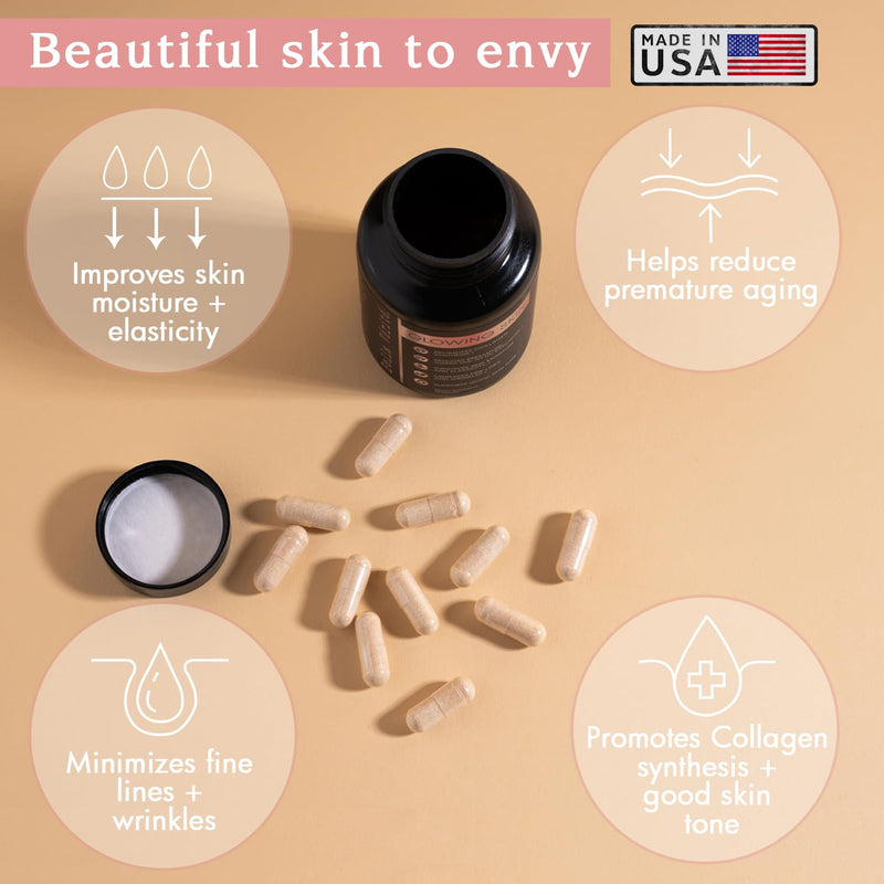 Bella Vérité Glowing Skin Collagen Boosting Complex- Made in USA- w/Astaxanthin for Radiant Complexion, Wrinkles, Dryness & Anti-aging, 60 Capsules for Adults- 1 Month Supply - BeesActive Australia