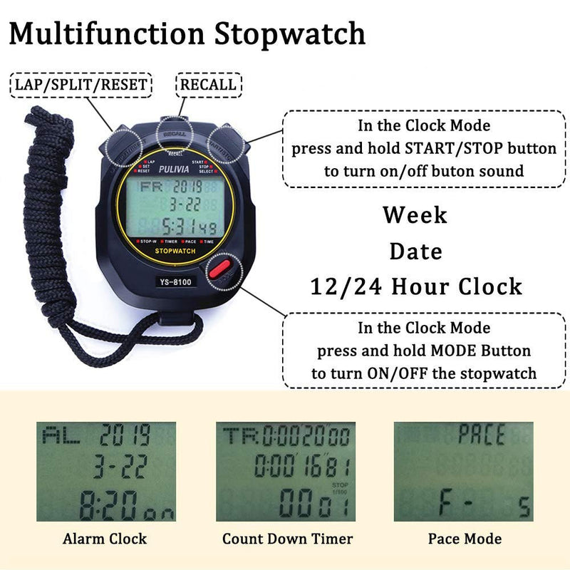 PULIVIA Sports Stopwatch Timer Lap Split Memory Digital Stopwatch, Countdown Timer Pace Mode 12/24 Hour Clock Calendar with Alarm, Large Display Water Resistant Battery Included 100LAP - BeesActive Australia