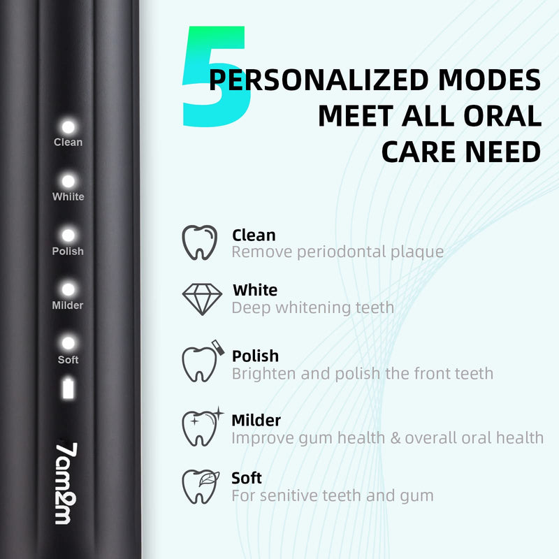 7AM2M Sonic Electric Toothbrush for Adults and Kids, One Charge for 90 Days, with 6 Brush Heads, 5 Modes with 2 Minutes Build in Smart Timer, Roman Column Handle Design (Black) No Travel Case Black - BeesActive Australia