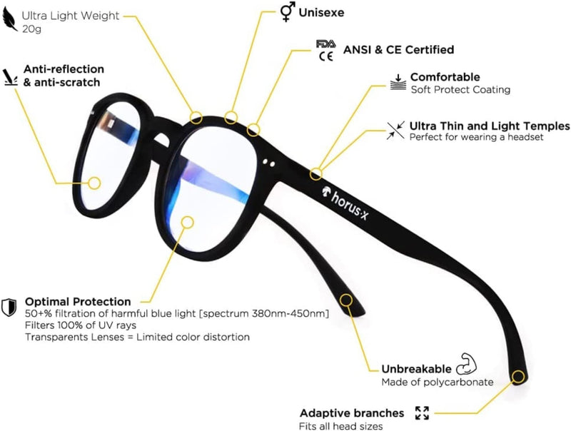 Horus X - Pack Anti Blue Light and Gaming Glasses - Screen Protection (Computer Console TV PC) - Men and Women - BeesActive Australia
